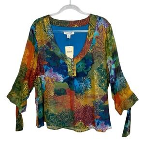New 100% Silk Blouse 2X Patchwork Print Batik Dressy Resort Wear NWT